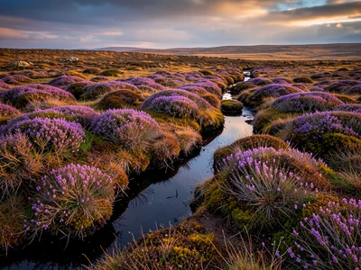 Heather in bloom on moor — purple covering low ground, dark peaty drainage chann