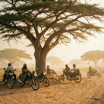 Golden Harmattan dust haze in Bamako, Mali, Motorcycles parked under acacia tree