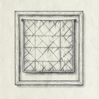 Ink study of a hung quilt on a frame, paper-tooth grain