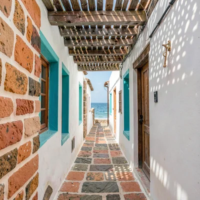 Coastal architecture photograph with Swahili influences, Narrow Stone Town alley