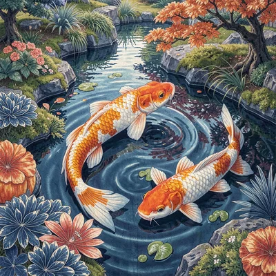 Through the textile eye of Kyoto, woven and dyed, Koi fish swimming in a garden 