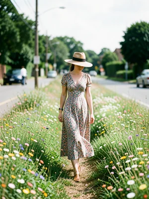 Person in floral dress walking through field of wildflowers, wide brim hat