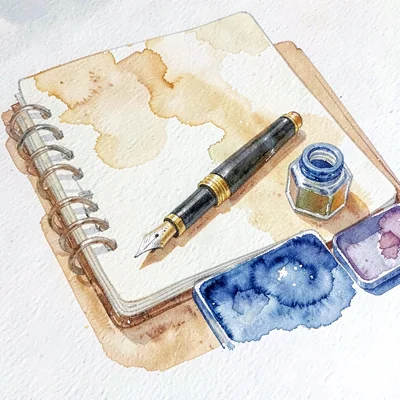 Gouache illustration of a notebook with a fountain pen and an inkwell, ochre and