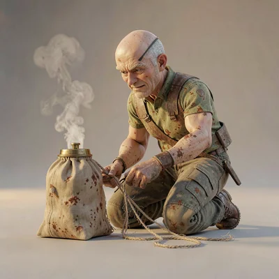 A salvage-diver kneels to wring out a length of frayed line, brass-fitting bag s