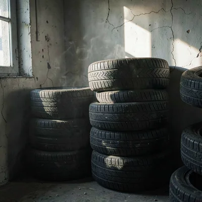 Atmospheric shot of a pile of seasonal swap tires stacked in a corner with sunli