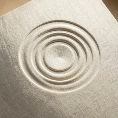 Deep debossed concentric circles on cream stock, pressed into paper creating wel