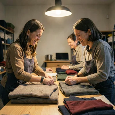 Quiet portrait of two volunteers folding sweaters at a long sorting table, warm 