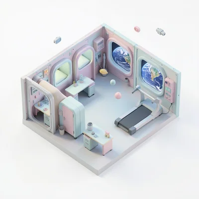A space station module: lab benches, sleeping pods, a treadmill, viewports showi