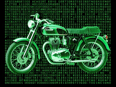 A vintage motorcycle in dense monospace ASCII, chrome parts as the brightest cha