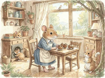 Mouse setting tiny table with acorns