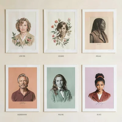 Flat catalog grid of six print compositions in different colorways, balanced spa