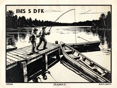 Two children fishing from a wooden dock on a calm lake, their fishing poles refl