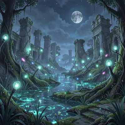 Fantasy environment illustration, a bioluminescent swamp at night, will-o-wisps 