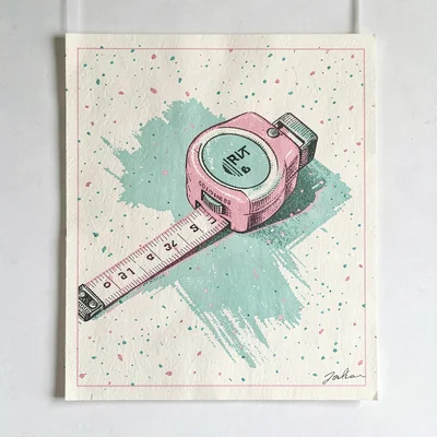 Riso flyer art of a halftone tape measure pulled out in pink and mint over speck