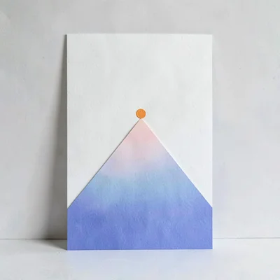 Vertical card with a cut-paper mountain shape and a tiny dot of warm orange at i