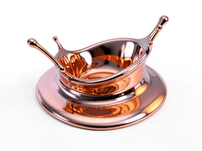 Liquid copper metal spreading on white surface, warm orange-pink metallic with b
