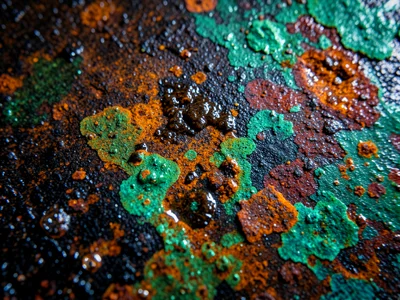 Cast iron skillet seasoning layers, polymerized oil coating built up over years,