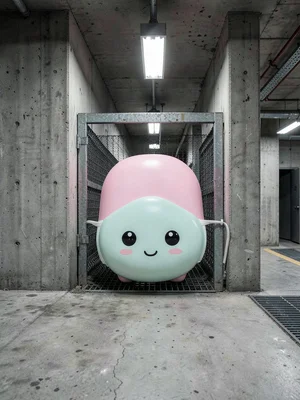 Cute character face mask on metro ventilation grate, industrial air meets adorab