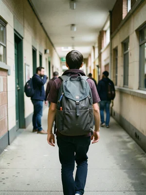 Student wearing oversized backpack walking down school hallway, from behind