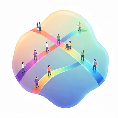 Organic blob gradient illustration, team of people connected by gradient bridges