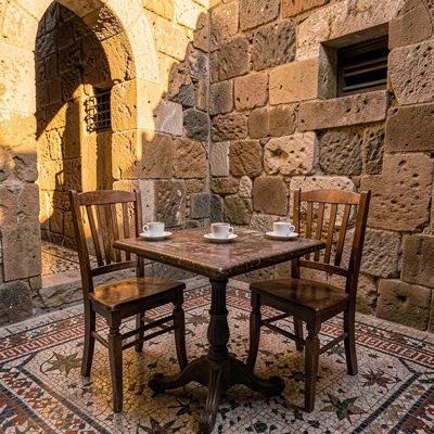 Old Jaffa time-layered, ancient port stone warmth, Cafe table set on ancient mos