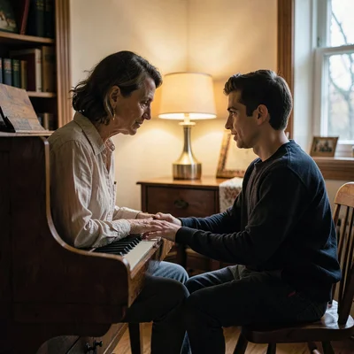 Lamp-lit portrait of a tutor seated at a small upright piano with a student besi