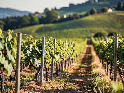 Vineyard rows from near stakes to far hills