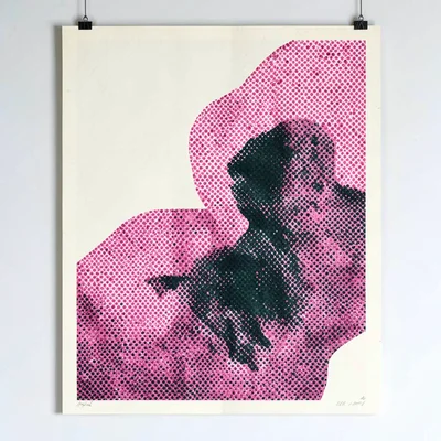 Bold screenprint poster of a halftone abstract shape composition in pink and for