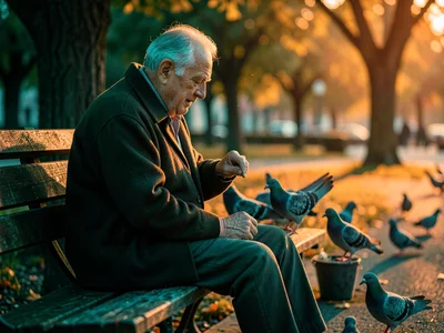 Old man feeding pigeons on bench, the light suggesting this scene matters