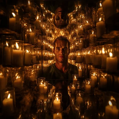 Photo In a dim room a candlelit face is reflected in