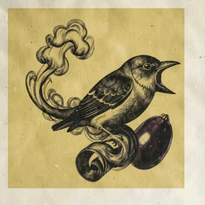 Risograph composition of a curling ribbon of smoke shaping into a bird, mustard