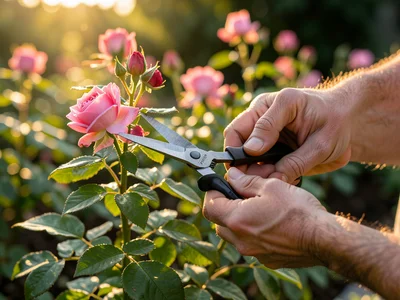 Hands pruning a rose bush with sharp bypass shears, green garden