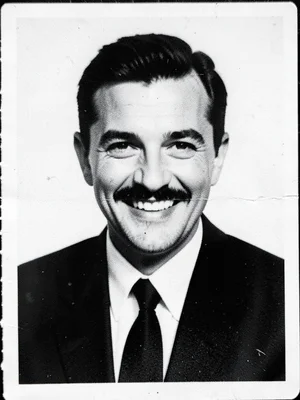 A man in a suit from a magazine ad re-xeroxed until his smile becomes a black sm