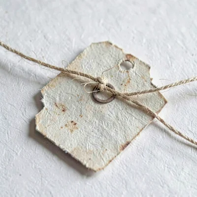 Paper close-up of an aged price tag tied with thin twine