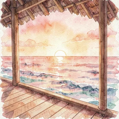 soft-wash sunset deck overlooking ocean from the shala edge, warm orange-pink gr