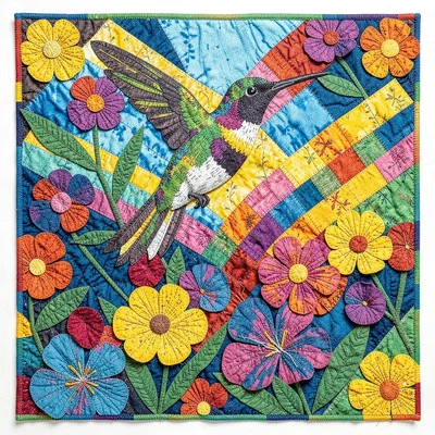 Panamanian mola textile illustration, a hummingbird hovering over layered flower
