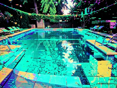 Summer pool image with data errors, turquoise blocks and pixel distortion