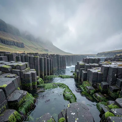 Highland atmospheric mist, Skye grey-green-purple, Basalt columns descending int