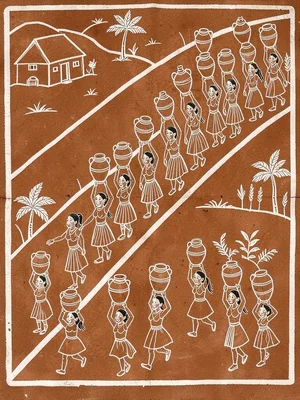 Women carrying water pots — line of figures descending a hill path, pots balance