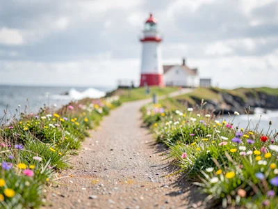 Coastal path from near wildflowers to lighthouse