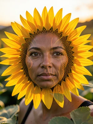 Woman's face merged with sunflower head, petals radiating from features, double 
