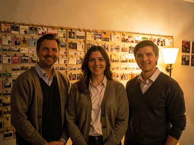 Lamp-lit group portrait of three station volunteers at a wall-of-tapes, warm tun