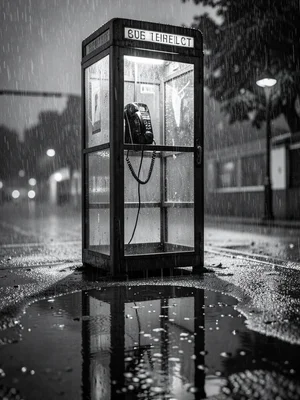 Phone booth in rain, receiver dangling, puddle reflection, noir atmosphere