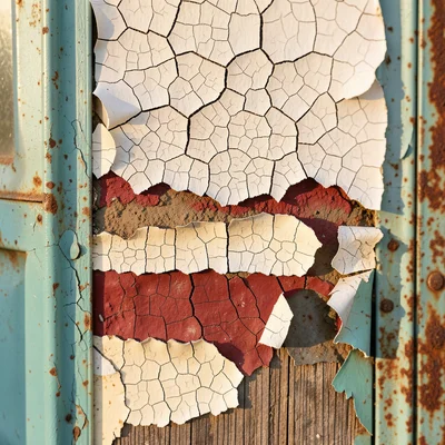 Alligator cracking in thick paint on metal door, grid pattern of deep cracks rev
