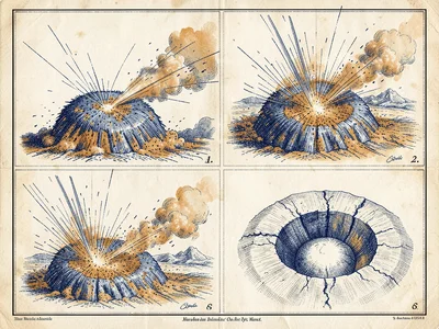 Meteor strike rendered as four sequential diagrams showing approach, impact, eje