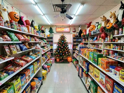 Seasonal decoration overload, Halloween touching Christmas touching Easter, all 