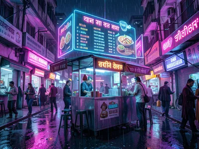 Chai stall on a Mumbai street at night, holographic menu floating above, neon Hi