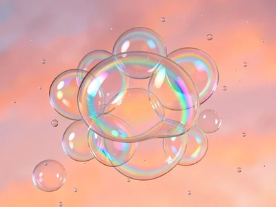 Cluster of perfect soap bubbles catching iridescent rainbow swirls suspended in