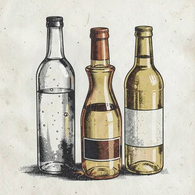 Risograph-style illustration, still life with bottles , spot color layer simulat