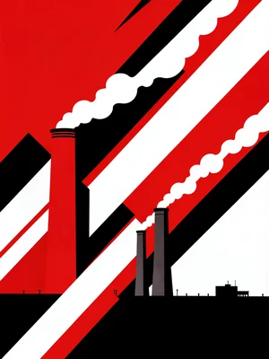 Factory chimney stacks emitting smoke rendered as bold diagonal streaks